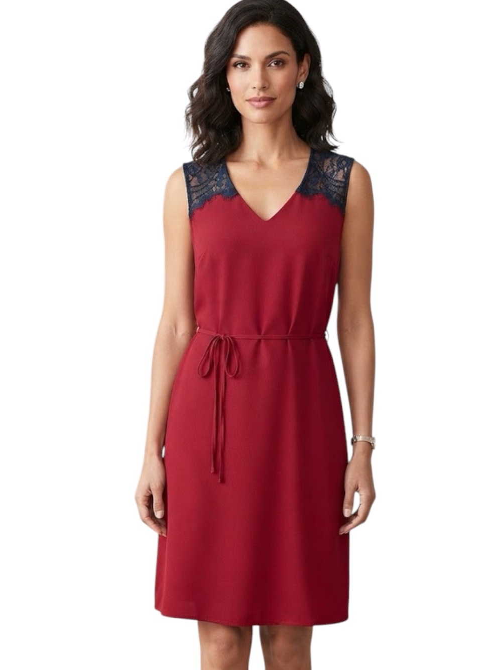 RW&CO Romantic Business Casual Preppy Lace Shoulder A-Line Tie Waist Dress Red S